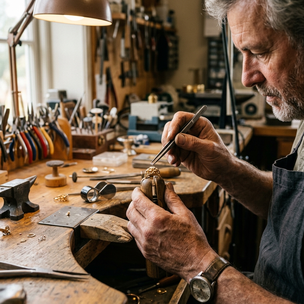 Artisan jeweler at workspace setting gemstones