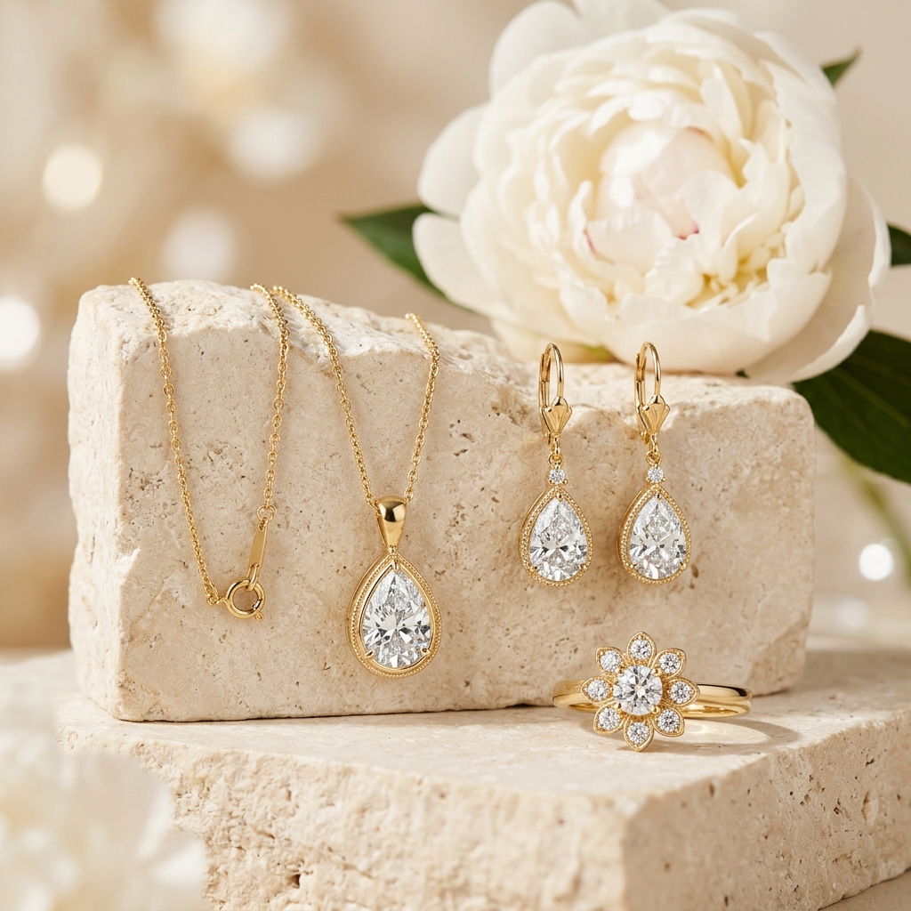 Morni luxury teardrop pendant, earrings, and ring selection